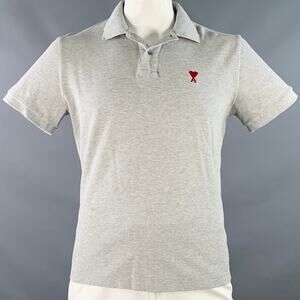 AMI Size L Grey Red Logo Half Placket Polo